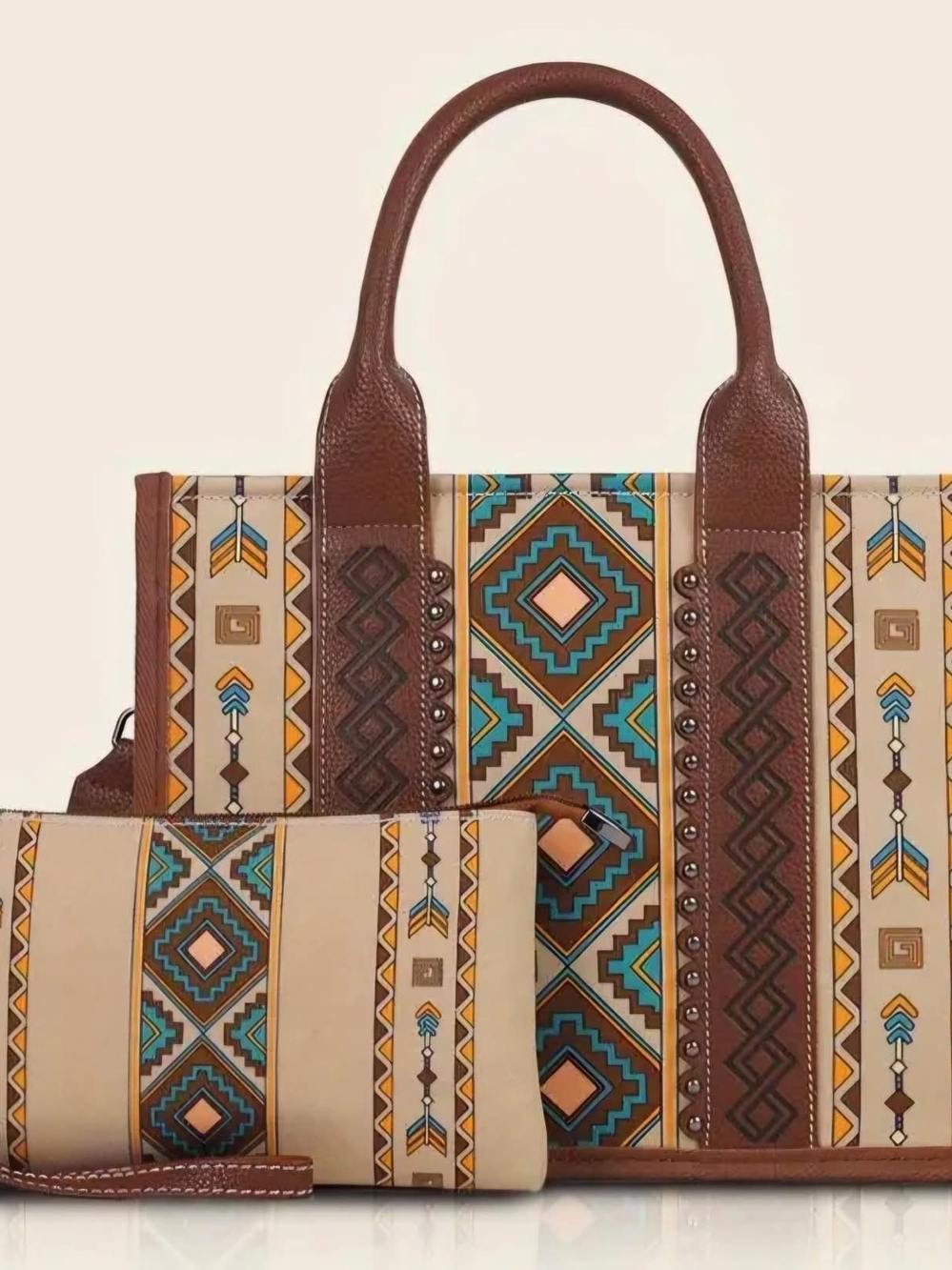 Brown Aztec-Print Tote Bag with Matching Wristlet